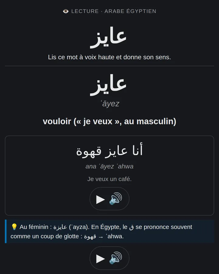 Carte d'arabe égyptien : lecture de droite à gauche avec translittération et audio