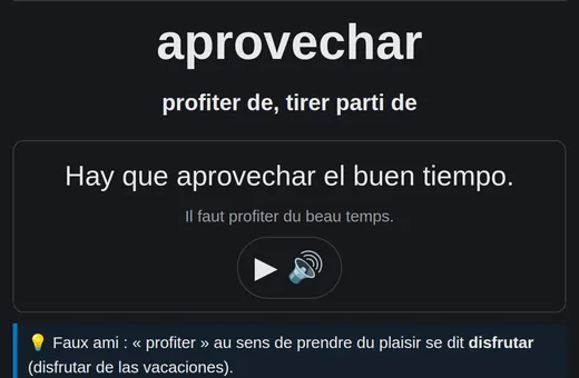 Carte d'espagnol avec phrase d'exemple et bouton de lecture audio