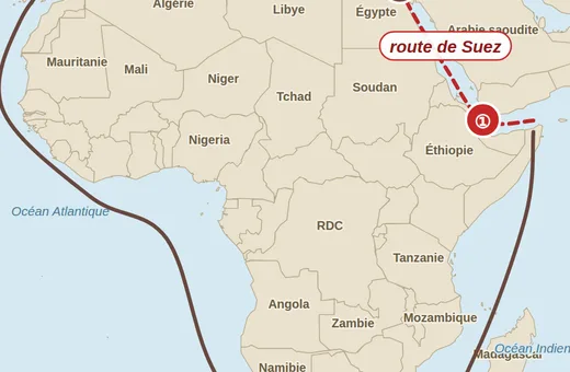 Carte de l'Afrique avec la route de Suez et le détour par le Cap