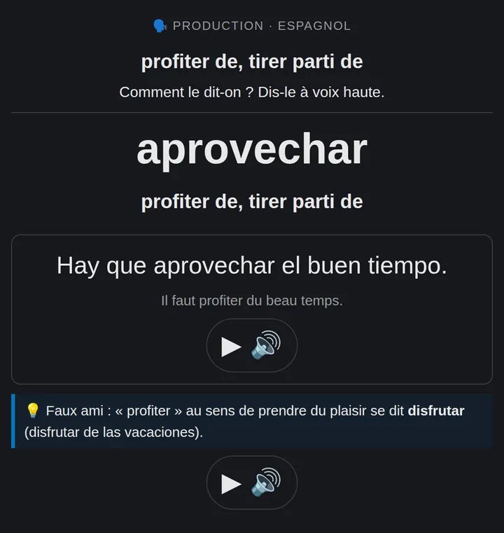 Carte d'espagnol : le verbe aprovechar avec phrase d'exemple et boutons audio